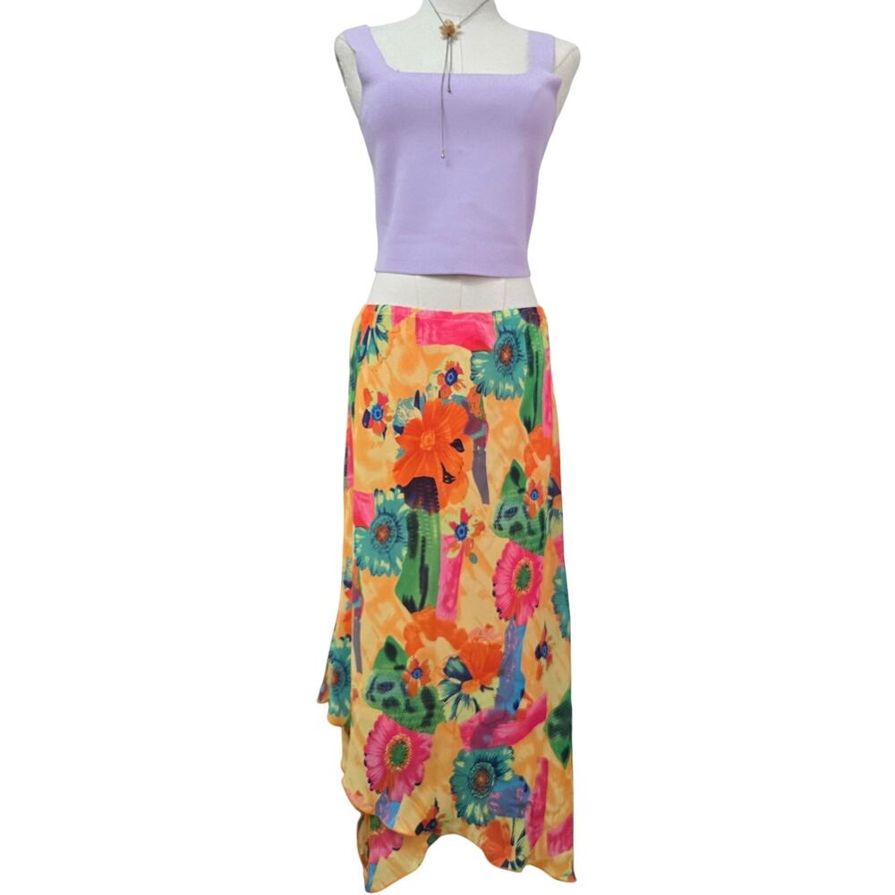 DressU Vtg Y2K Boho Floral Tropical Vacation Resort Asymmetric Hem Maxi Skirt 14
